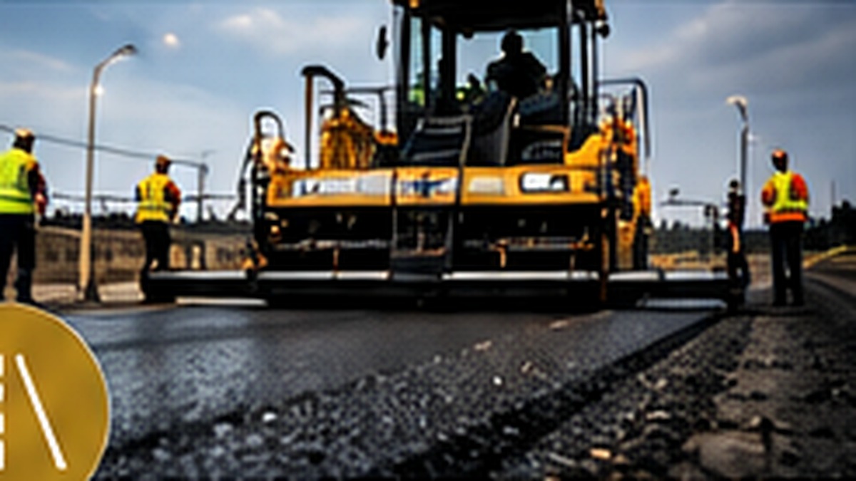 Asphalt paving operation for road infrastructure.